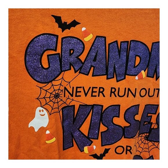 WOMENS 2XL ORANGE PURPLE GLITTER HALLOWEEN GRANDMA'S NEVER RUN OUT OF CANDY/KISS - Picture 5 of 6